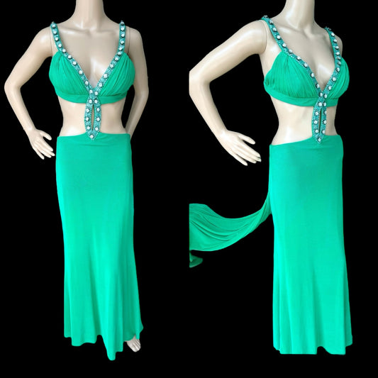 Jovani green prom dress side cut-out Train mesh mermaid rhinestones