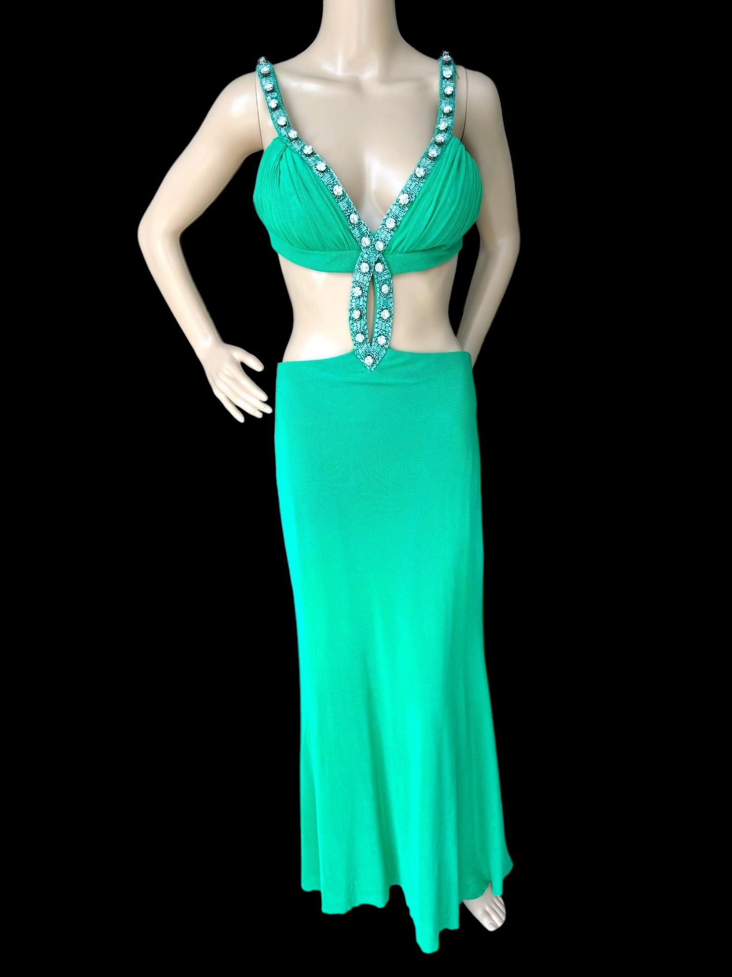 Jovani green prom dress side cut-out Train mesh mermaid rhinestones