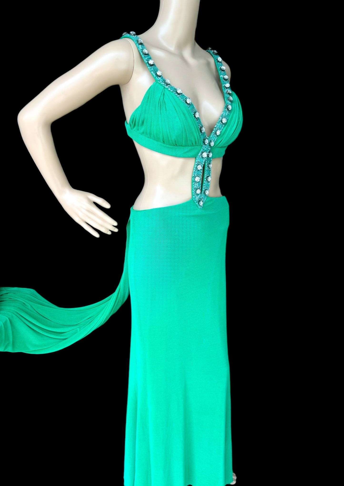 Jovani green prom dress side cut-out Train mesh mermaid rhinestones